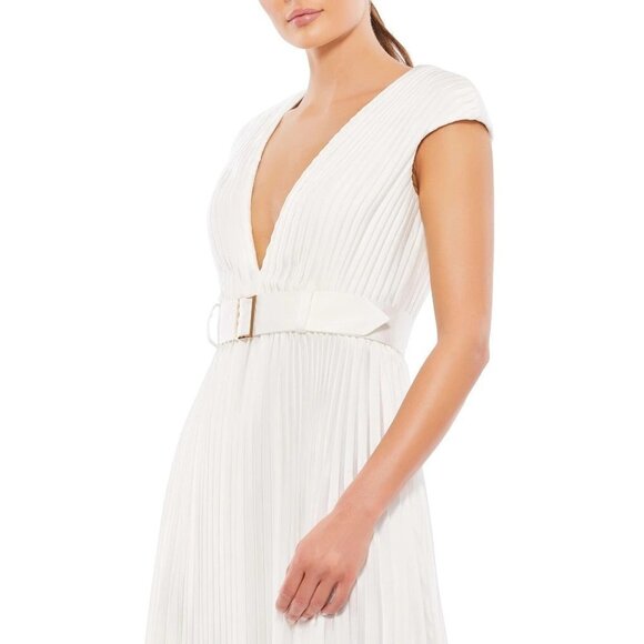 Ieena for Mac Duggal Pleated Cap Sleeve Belted A-Line Midi Dress in White Formal - Picture 2 of 9